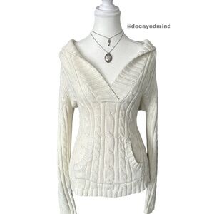 Y2K “Suzy Shier” Cream/White Cable Knit V-Neck Long Sleeve Pullover Hoodie